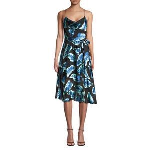 Alice + Olivia Heather Cowlneck Floral Midi Dress Navy Blue 6